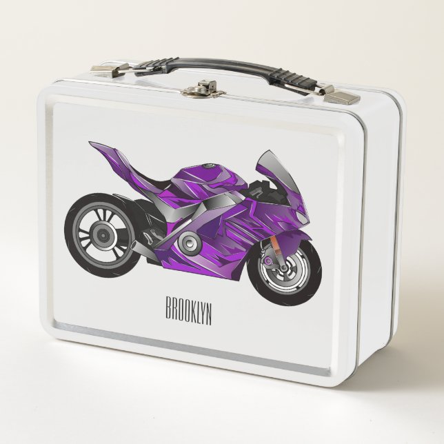 Purple sports motorcycle cartoon metal lunch box (Front)