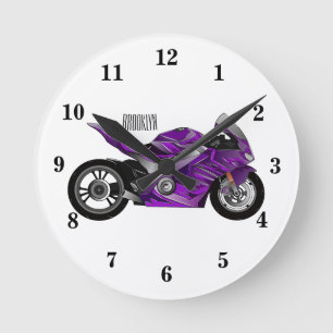 Purple sports motorcycle cartoon  round clock
