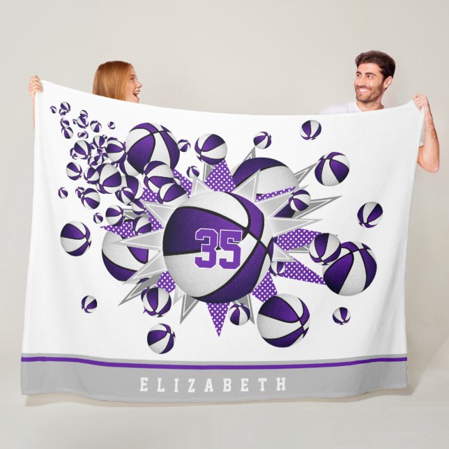 purple sports room decor girls basketballs stars fleece blanket (In Situ)