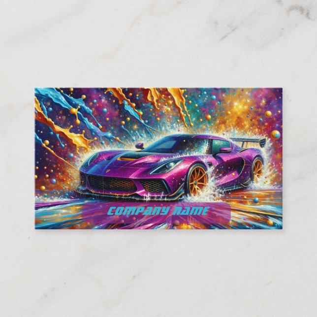 Purple Sportscar with Colourful Splashes Business Card (Front)