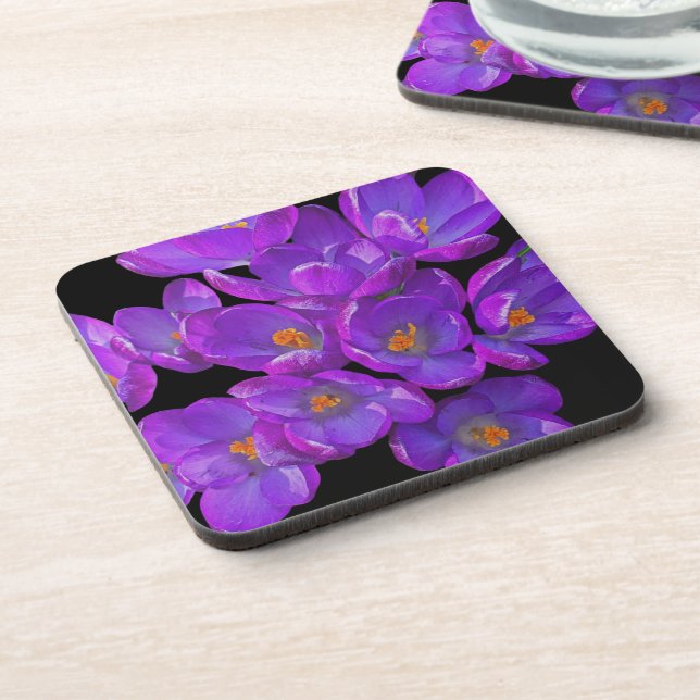Purple Spring Crocuses on Black Floral Coaster (Left Side)