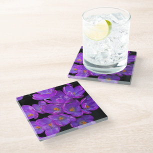 Purple Spring Crocuses on Black Floral Glass Coaster