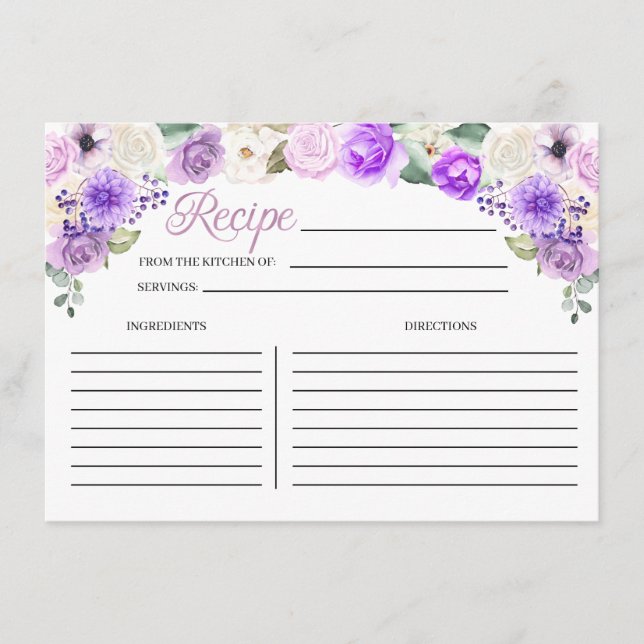Purple Spring Floral Bridal Shower Recipe Card (Front)