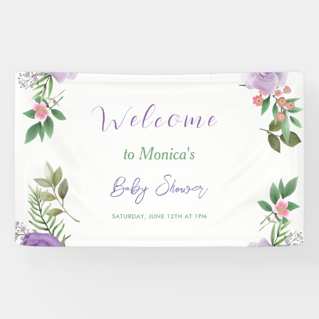 Purple Spring Floral Girl Baby Shower Banner (Horizontal)