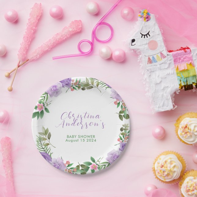 Purple Spring Floral Girl Baby Shower Paper Plate (Party)