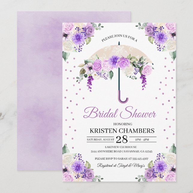 Purple Spring Floral Umbrella Bridal Shower Invitation (Front/Back)