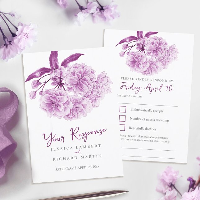 Purple spring floral watercolor wedding RSVP Card (Creator Uploaded)