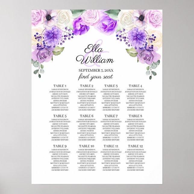 Purple Spring Floral Wedding Seating Chart (Front)