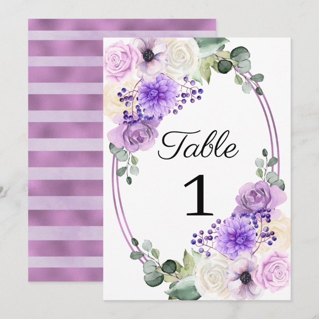 Purple Spring Floral Wedding Table Number (Front/Back)