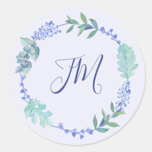 Purple Spring Floral Wreath Monogram Wedding Classic Round Sticker