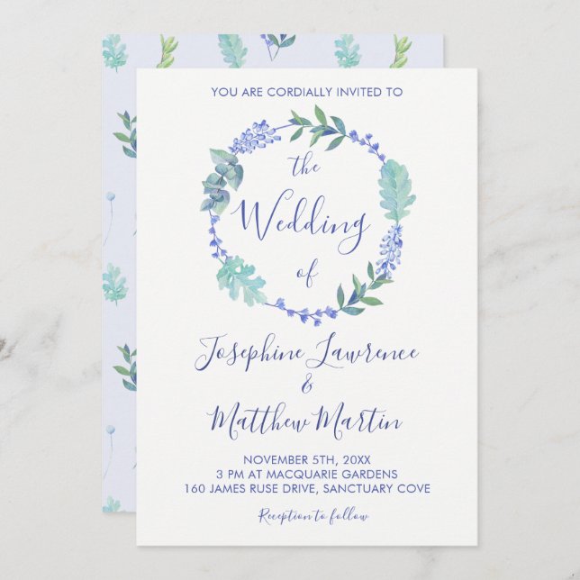 Purple Spring Floral Wreath Wedding Invitations (Front/Back)
