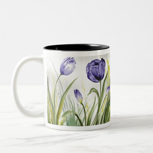 Purple Spring Tulips Two-Tone Coffee Mug (Left)