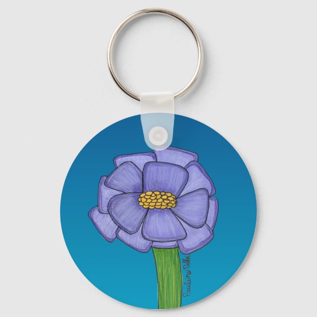 Purple Square Flower with Blue background Key Ring (Front)