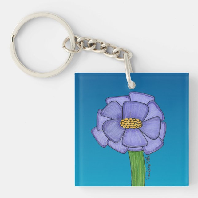 Purple Square Flower with Blue background Key Ring (Front)