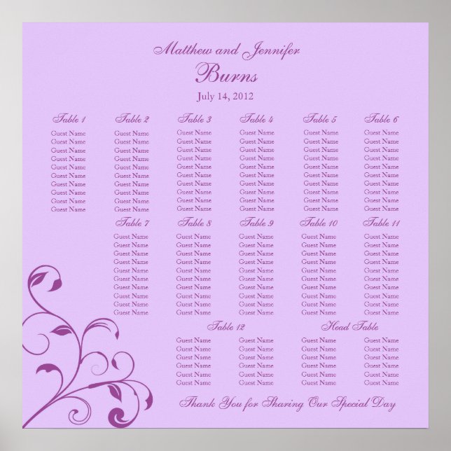 Purple Square Wedding Reception Seating Chart (Front)