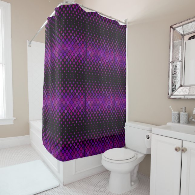 Purple squares on black shower curtain (In Situ)