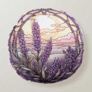Purple Stained glass lavender landscape Design Round Cushion