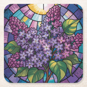 Purple Stained Glass Lilacs Plastic Coaster Set