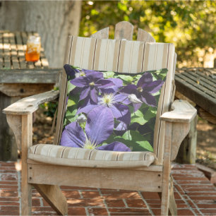 Purple Star Clematis Flowers with Foliage Outdoor Cushion