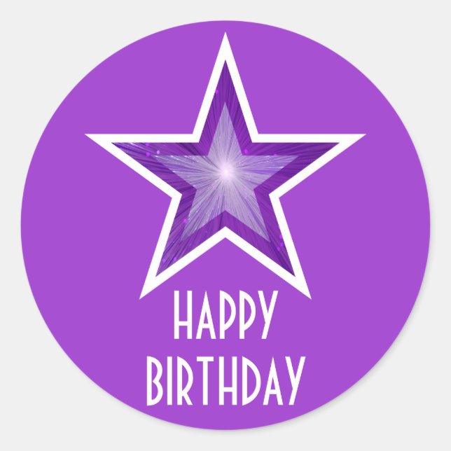 Purple Star 'Happy Birthday' round sticker purple (Front)