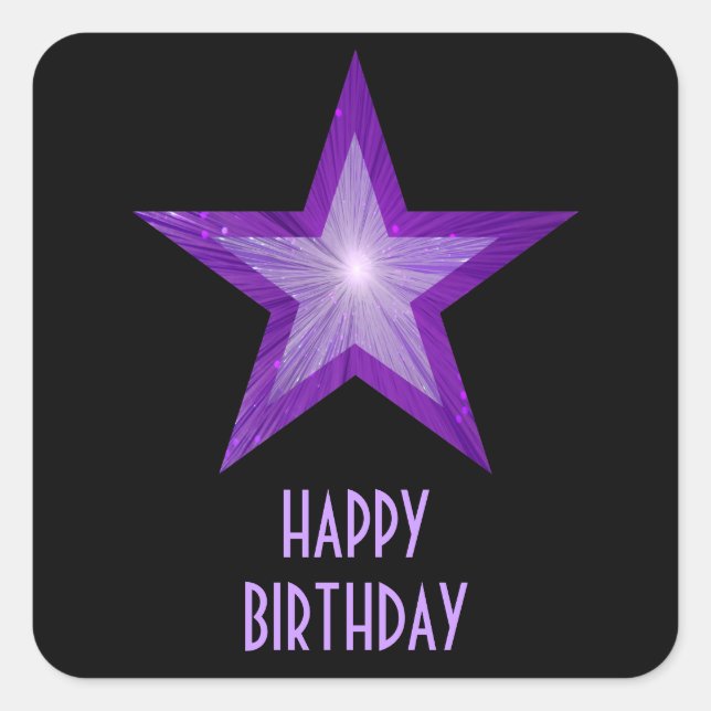 Purple Star 'Happy Birthday' square sticker black (Front)