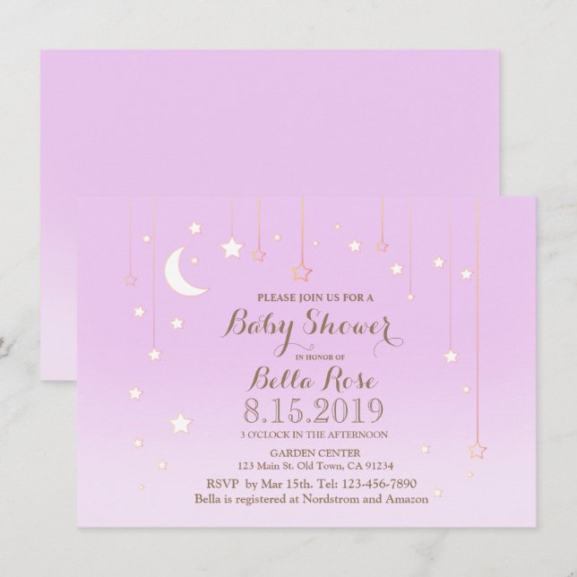 Purple star moon baby girl baby shower invitation (Front/Back)