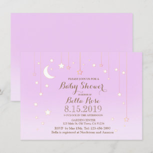 Purple star moon baby girl baby shower invitation