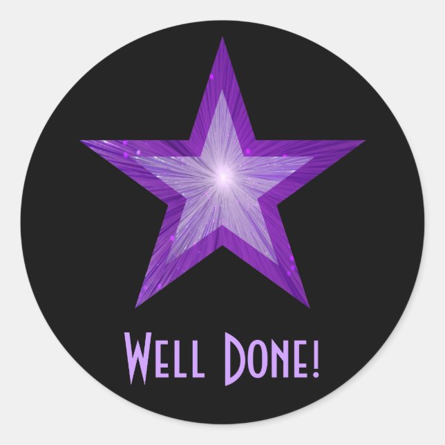 Purple Star 'Well Done!' round sticker black (Front)
