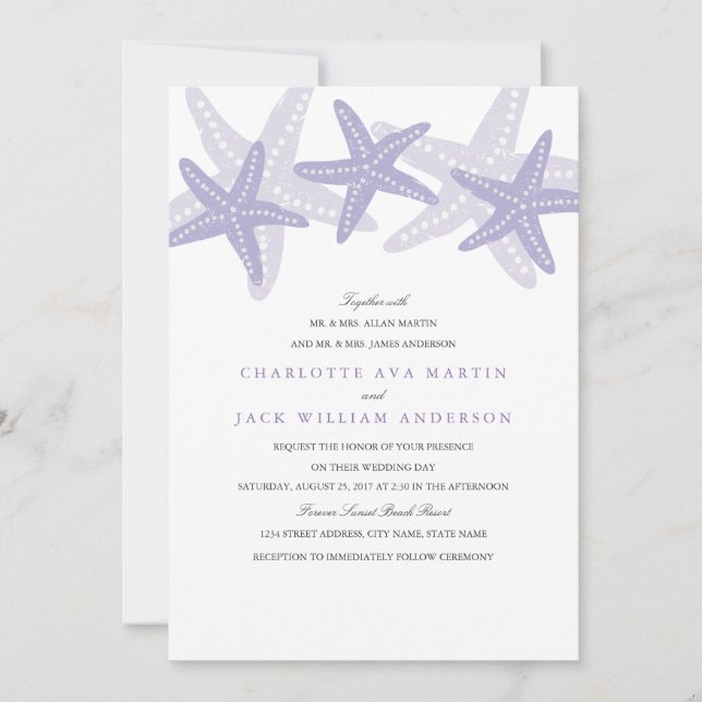 Purple Starfish Beach Wedding Invitation (Front)