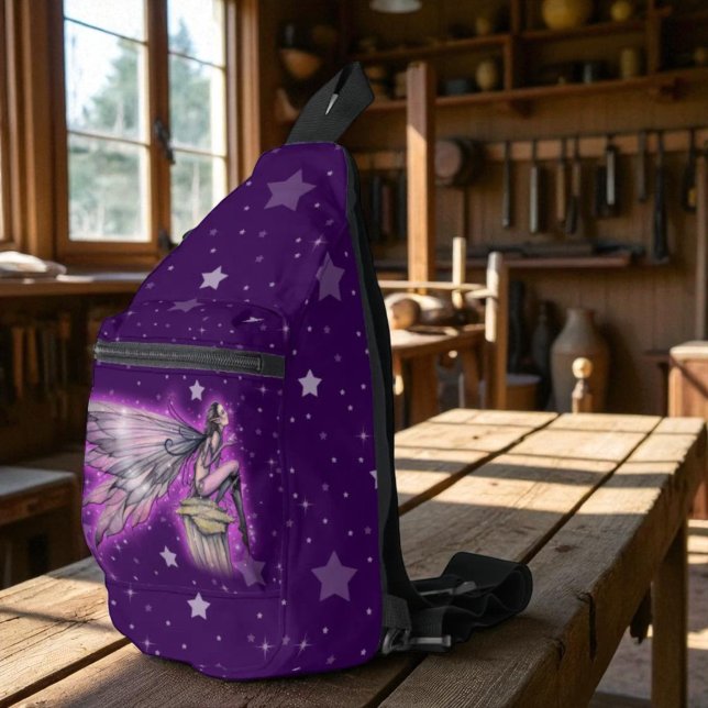 Purple Starry Fairy Fantasy Art on Star Background Sling Bag (Creator Uploaded)