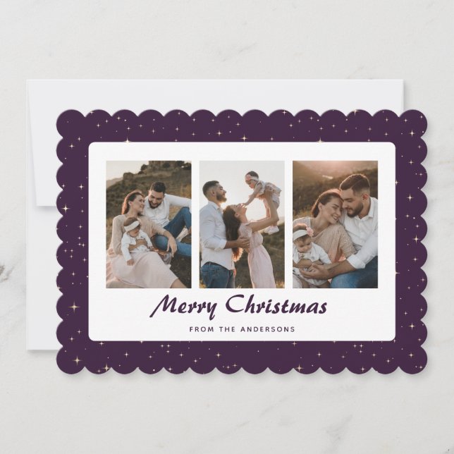 Purple Starry Night Photo Merry Christmas Card (Front)