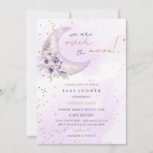 Purple Starry Over the Moon Baby Shower Invitation
