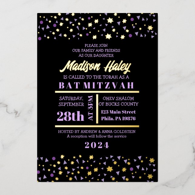 Purple Stars Bar Bat Mitzvah Invitation Gold Inlay (Front)