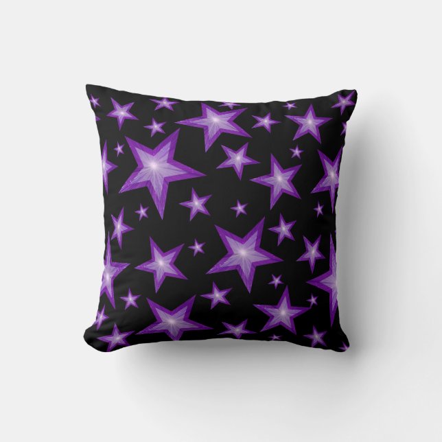 Purple Stars Black 'Text' square black back Cushion (Front)
