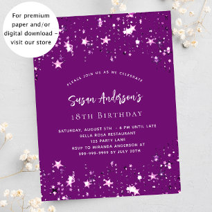 Purple stars budget birthday invitation