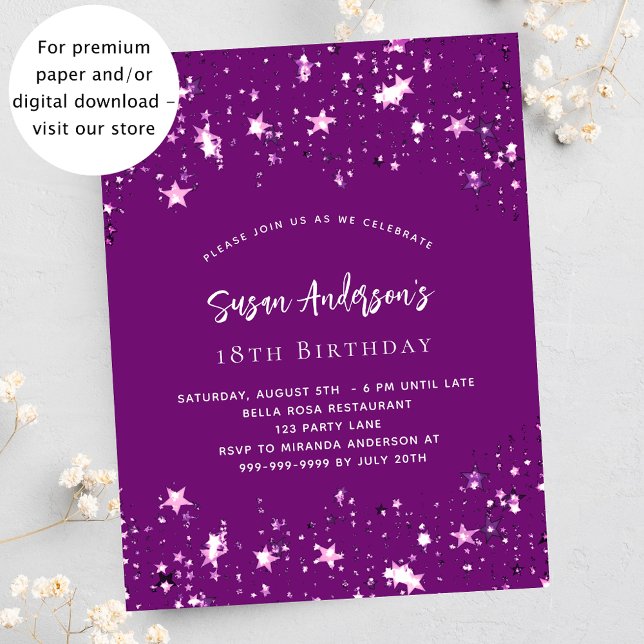 Purple stars budget birthday invitation flyer (Creator Uploaded)