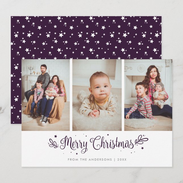Purple Stars Calligraphy Christmas 3 Photo Cards (Front/Back)