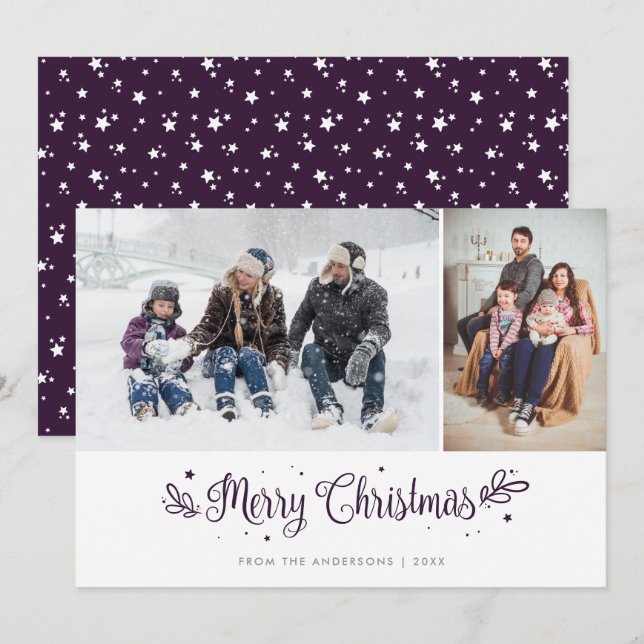 Purple Stars Calligraphy Christmas Photo Cards (Front/Back)