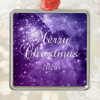 Purple Stars Celestial Space Photo Merry Christmas Metal Tree Decoration