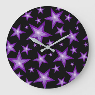 Purple Stars clock round black