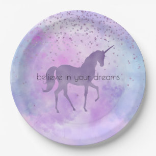 Purple Stars Confetti Watercolor Unicorn Paper Plate
