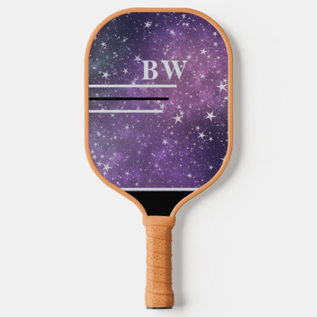 Purple Stars Glitter Lines Custom Name Monogram  Pickleball Paddle (Front)