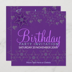 Purple Stars Hearts Party Birthday Invitation