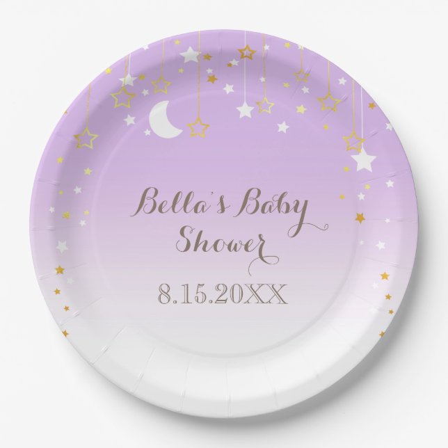 Purple Stars Moon Baby Shower Paper Plate (Front)