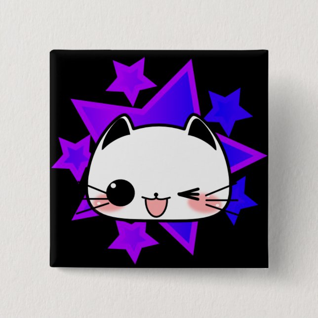 Purple stars. White cat. 15 Cm Square Badge (Front)