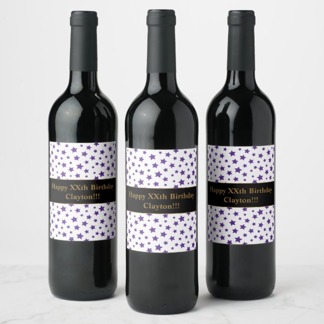 Purple Stars With Message Birthday Wine Label (Bottles)