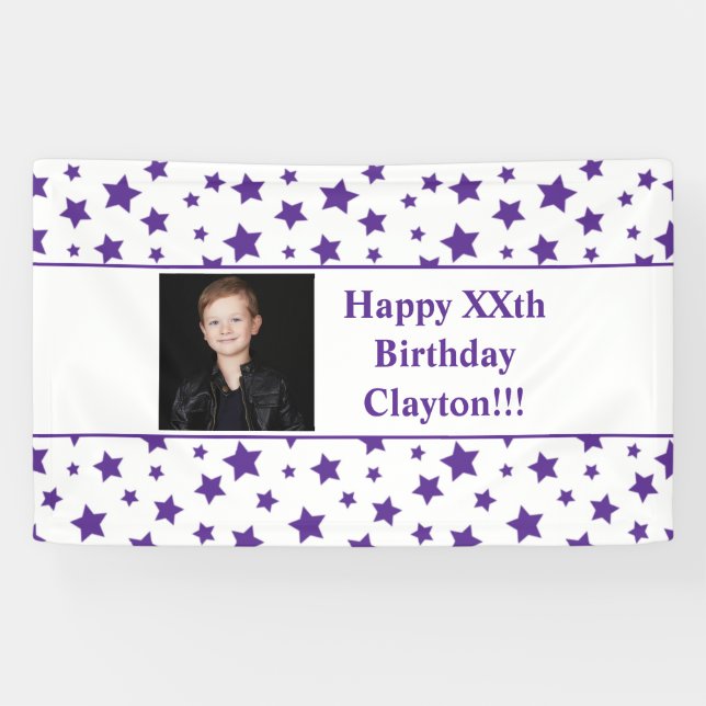 Purple Stars With Message Photo Birthday Banner (Horizontal)