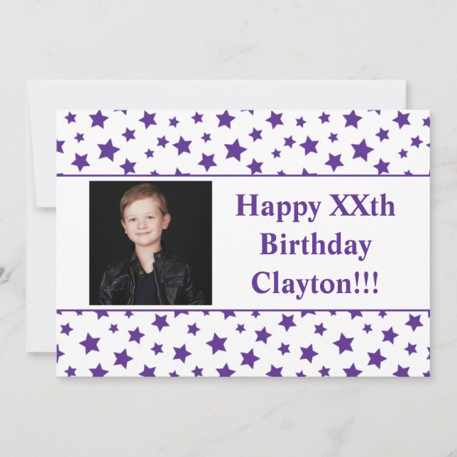 Purple Stars With Message Photo Birthday Party Invitation (Front)