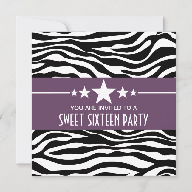Purple Stars Zebra Print Sweet 16 Invite (Front)