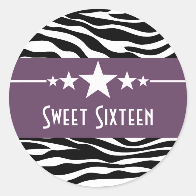 Purple Stars Zebra Print Sweet 16 Stickers (Front)
